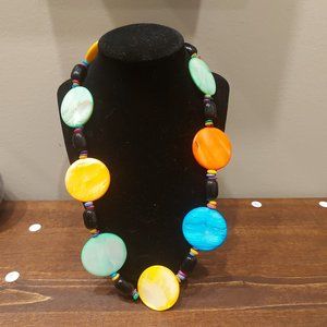 Vintage Glass Multicolored Disc Necklace - Black Beads